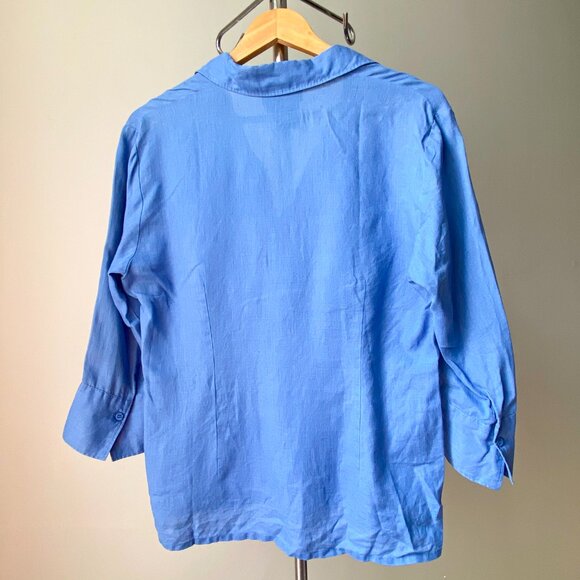 🍂 Tristan & Iseult 100% Linen Blue 3/4 Sleeve Boxy Button-Down Shirt - Picture 2 of 4